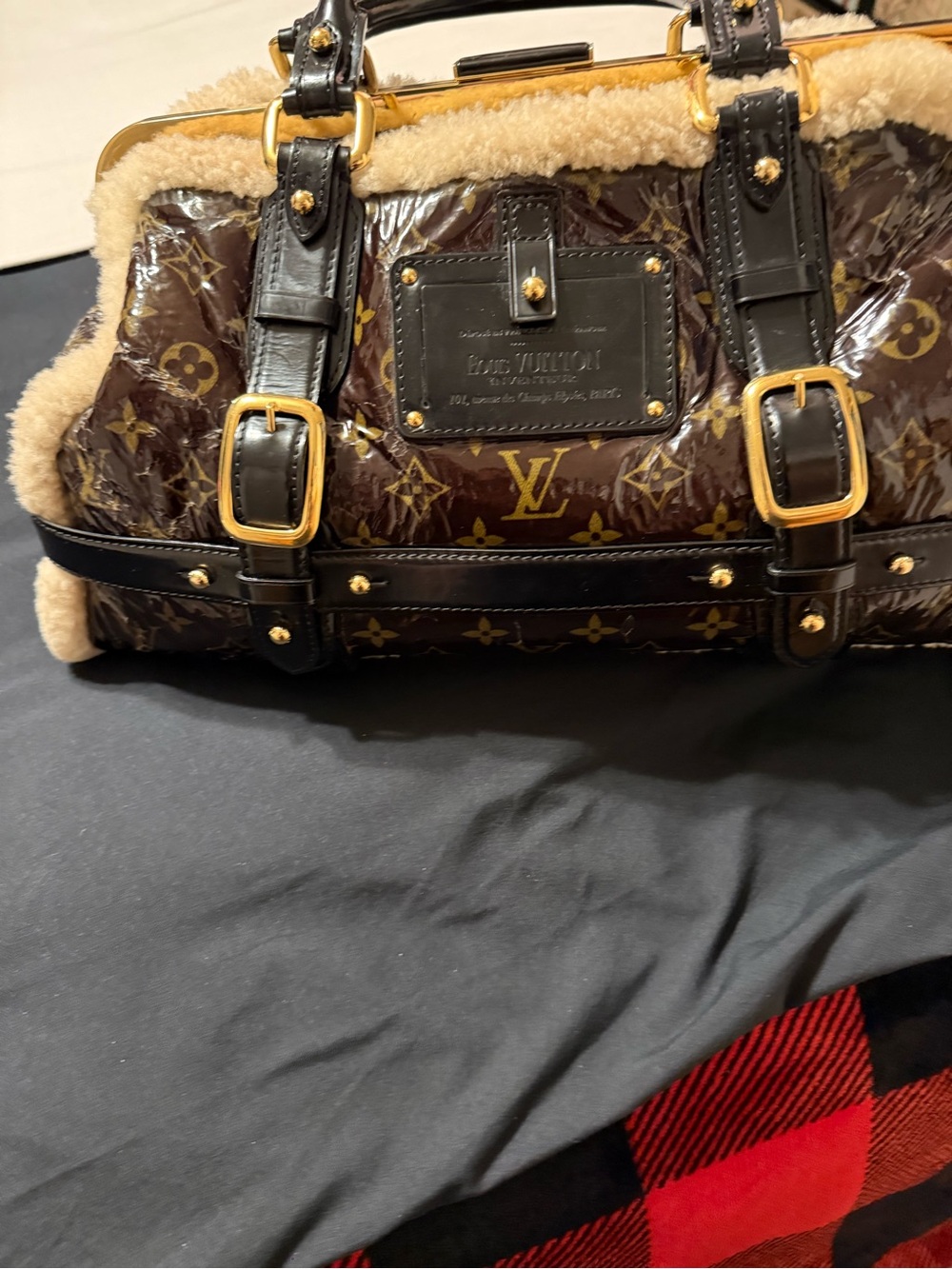 Louis Vuitton Brown Monogram Patent Shearling Trim Satchel Fall 2007 collection.